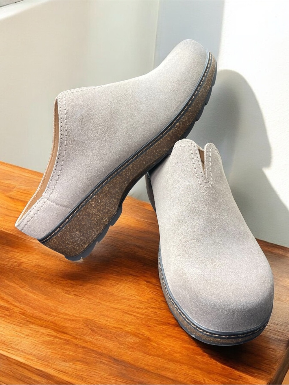 Earth Women’s KOLIA Light Gray/ taupe Suede Slip-On Heeled Clogs